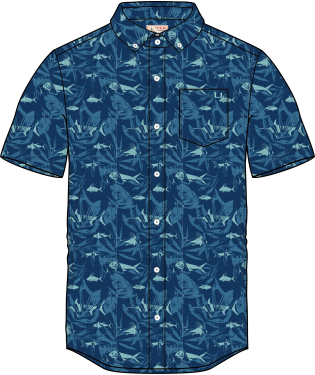 Huk Kona Ocean Palm Button Down Shirt Short-Sleeve,Sargasso Sea,XL
